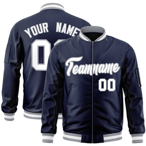 Custom Navy White-Gray Varsity Full-Zip Letterman Bomber Jacket