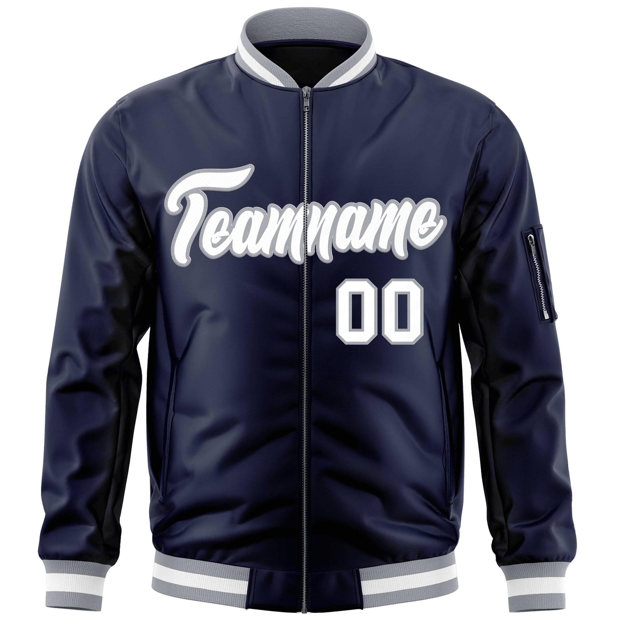 Custom Navy White-Gray Varsity Full-Zip Letterman Bomber Jacket