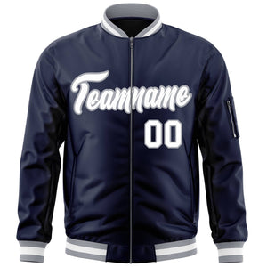 Custom Navy White-Gray Varsity Full-Zip Letterman Bomber Jacket