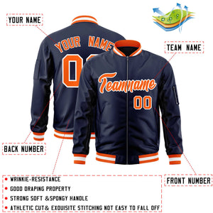 Custom Navy Orange-White Varsity Full-Zip Letterman Bomber Jacket