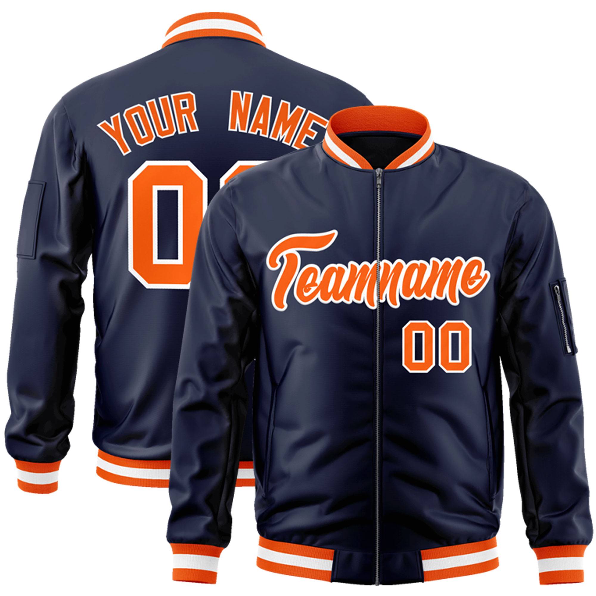 Custom Navy Orange-White Varsity Full-Zip Letterman Bomber Jacket