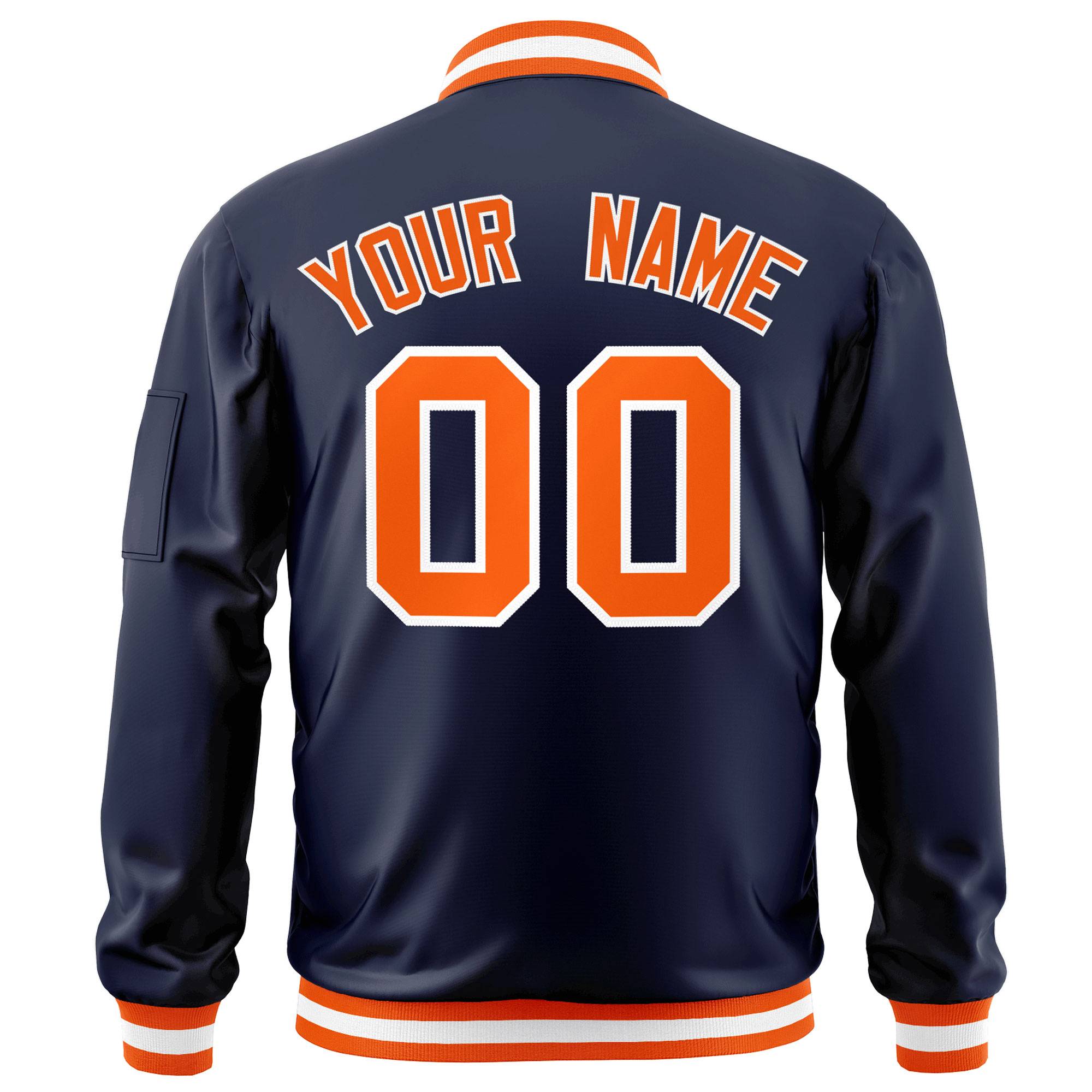 Custom Navy Orange-White Varsity Full-Zip Letterman Bomber Jacket