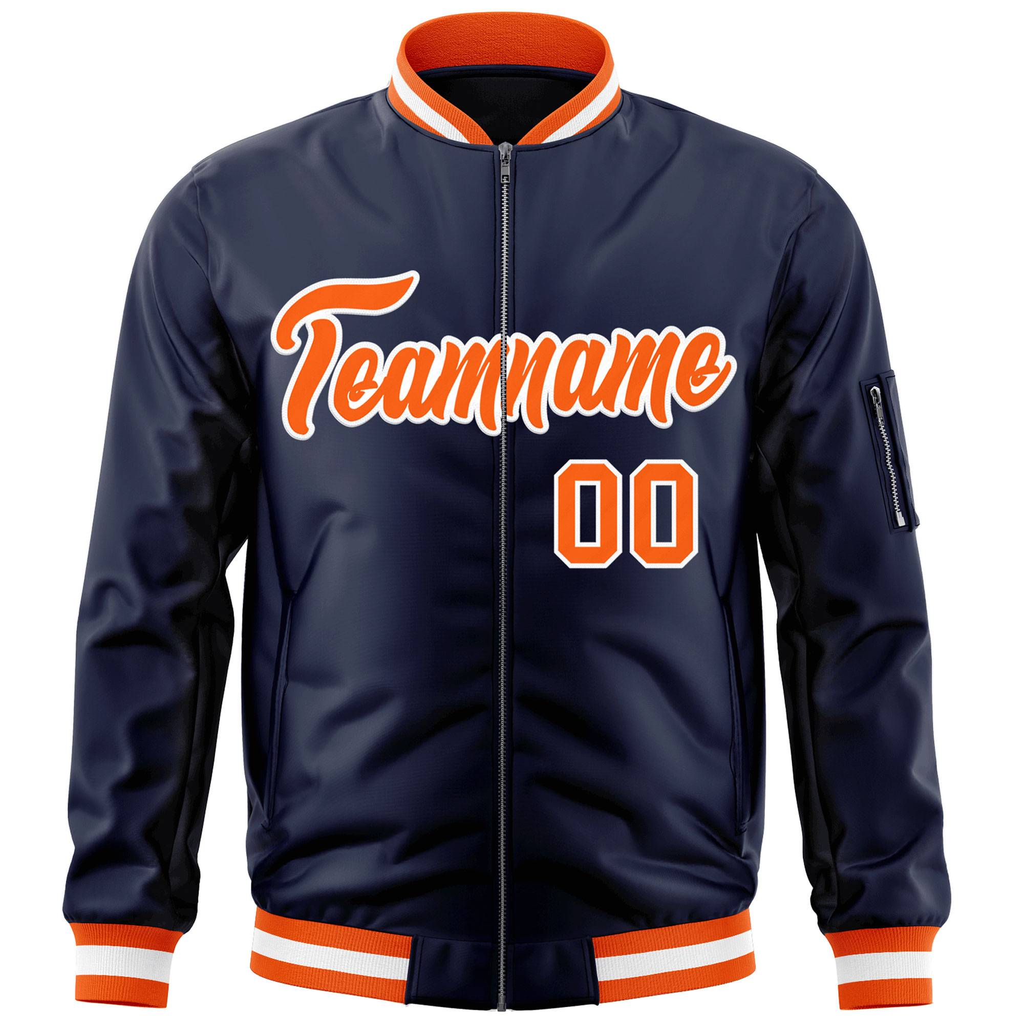 Custom Navy Orange-White Varsity Full-Zip Letterman Bomber Jacket