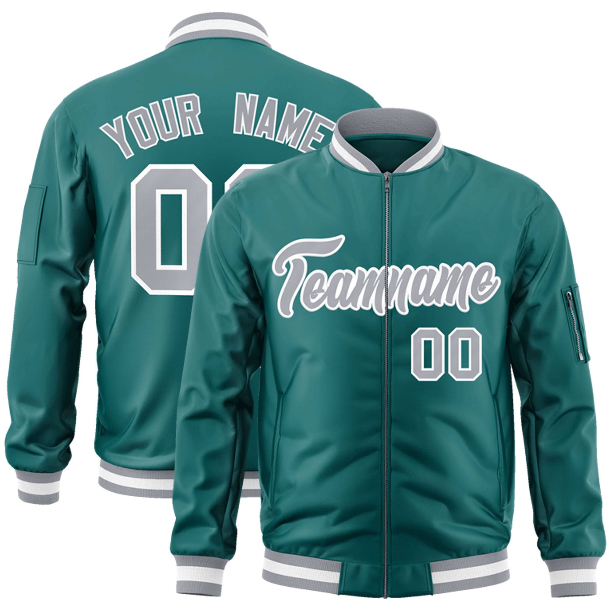 Custom Aqua Gray-White Varsity Full-Zip Letterman Bomber Jacket