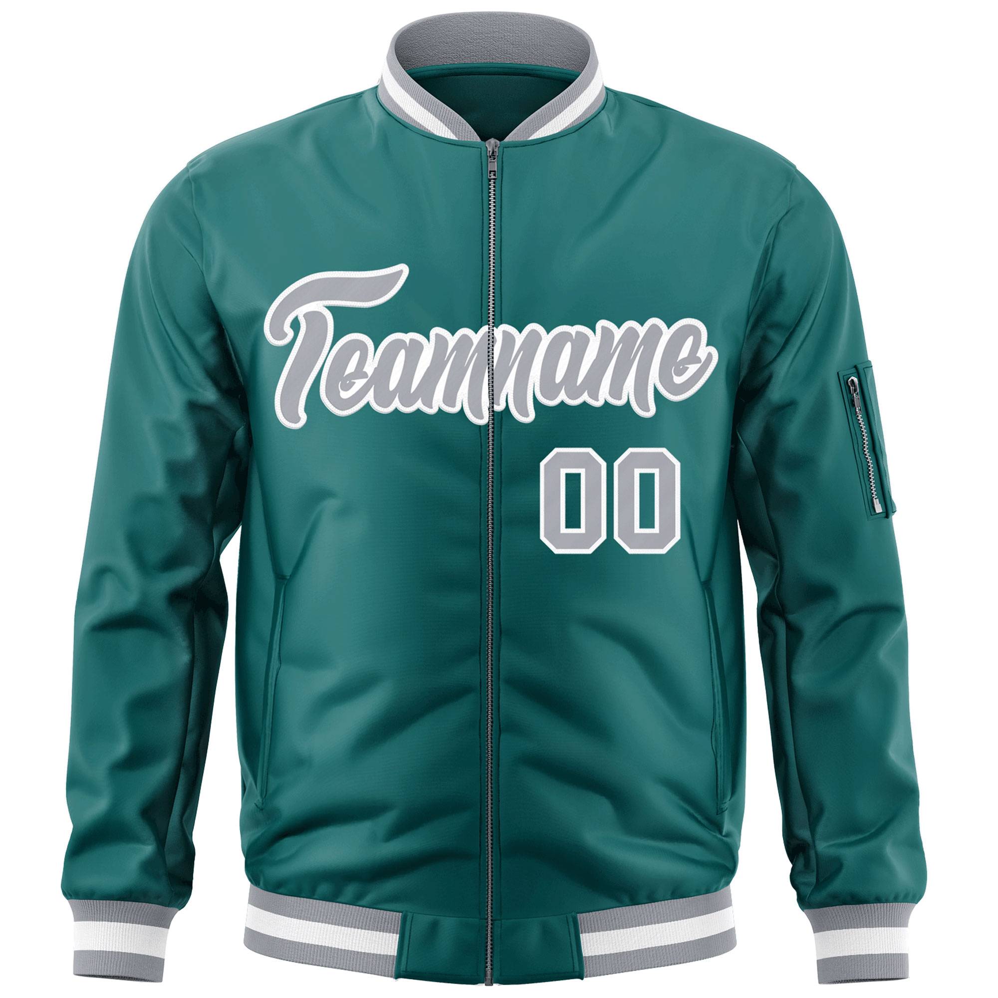 Custom Aqua Gray-White Varsity Full-Zip Letterman Bomber Jacket