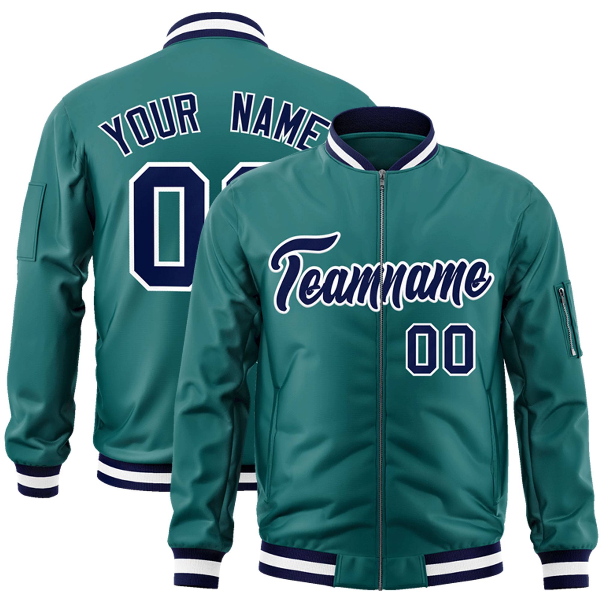 Custom Aqua Navy-White Varsity Full-Zip Letterman Bomber Jacket