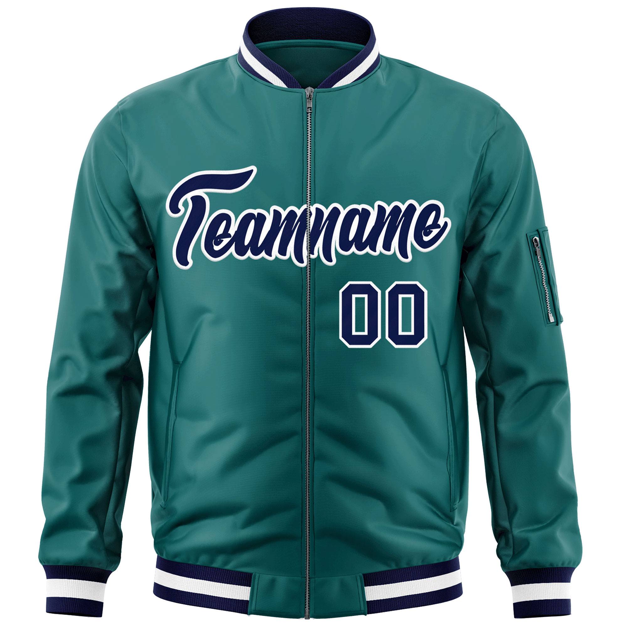 Custom Aqua Navy-White Varsity Full-Zip Letterman Bomber Jacket