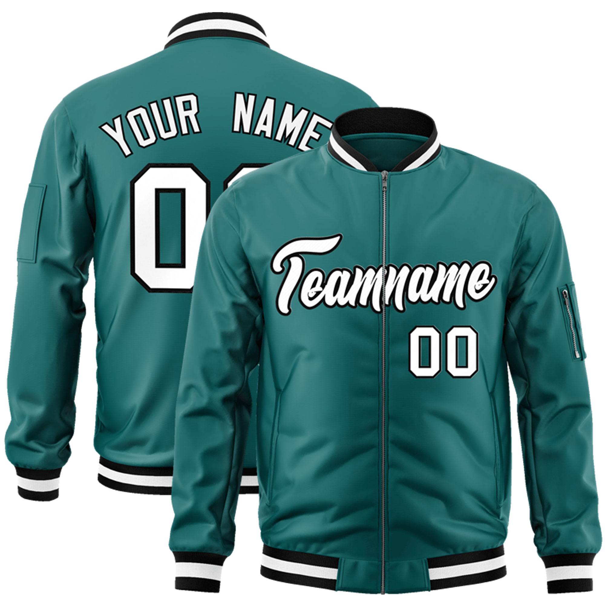 Custom Aqua White-Black Varsity Full-Zip Letterman Bomber Jacket