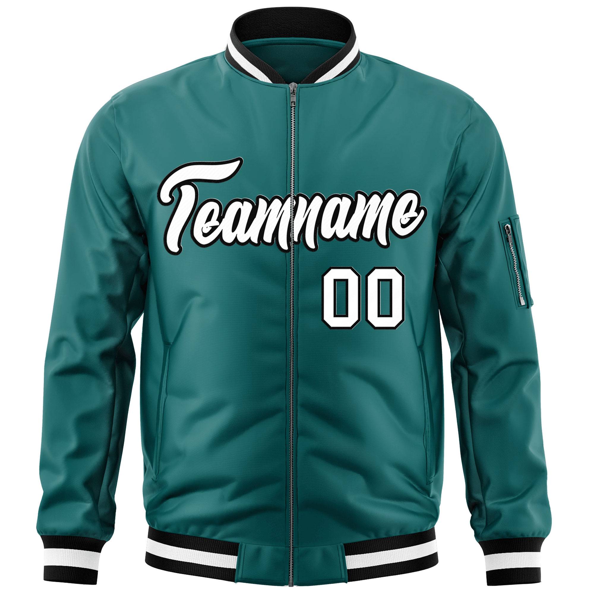 Custom Aqua White-Black Varsity Full-Zip Letterman Bomber Jacket