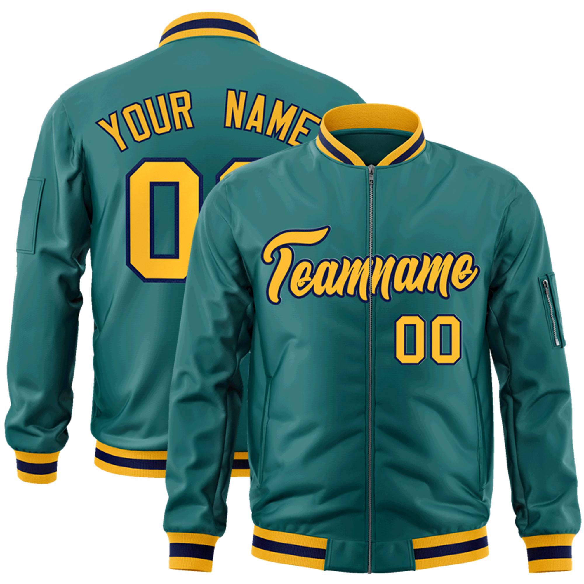 Custom Aqua Gold-Navy Varsity Full-Zip Letterman Bomber Jacket