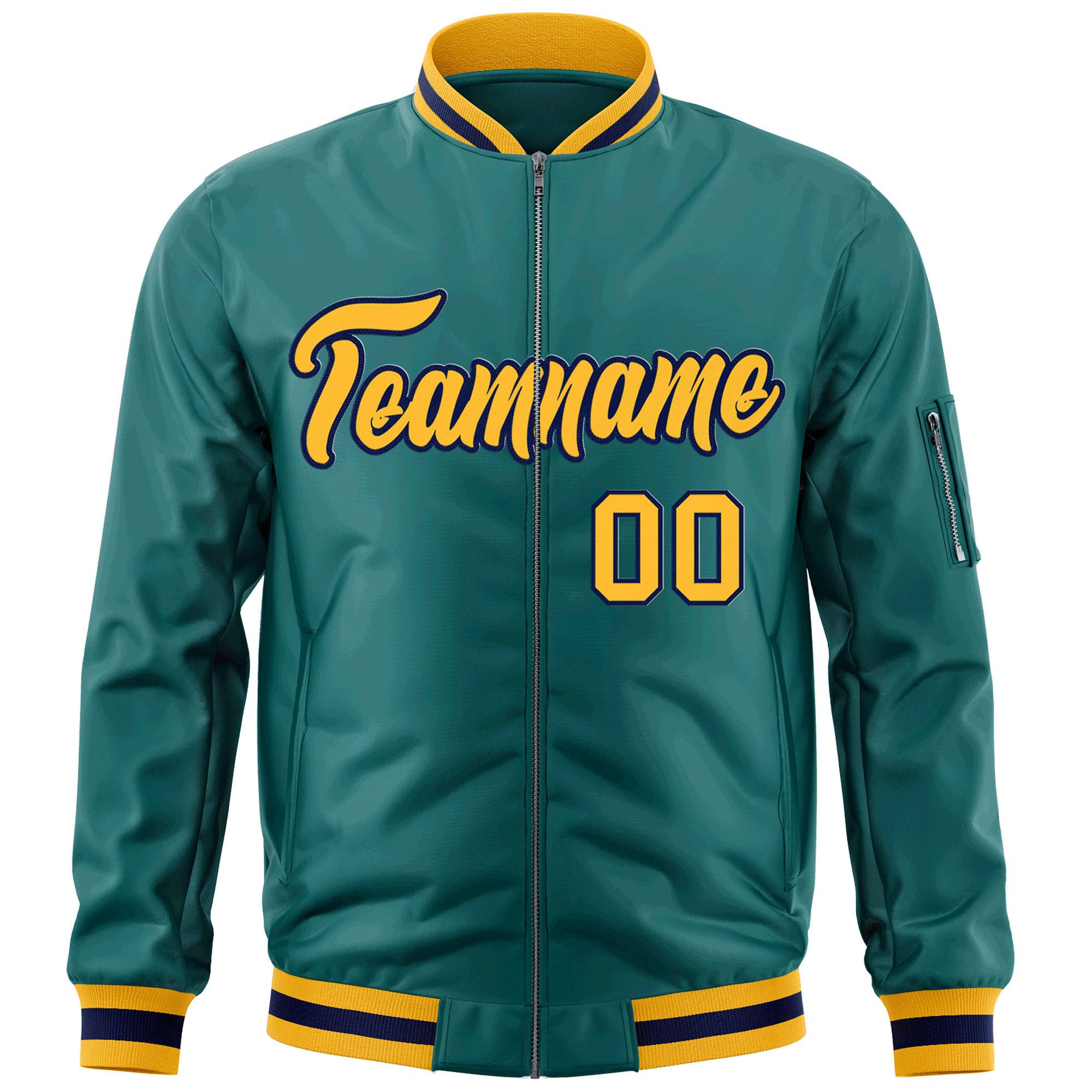 Custom Aqua Gold-Navy Varsity Full-Zip Letterman Bomber Jacket