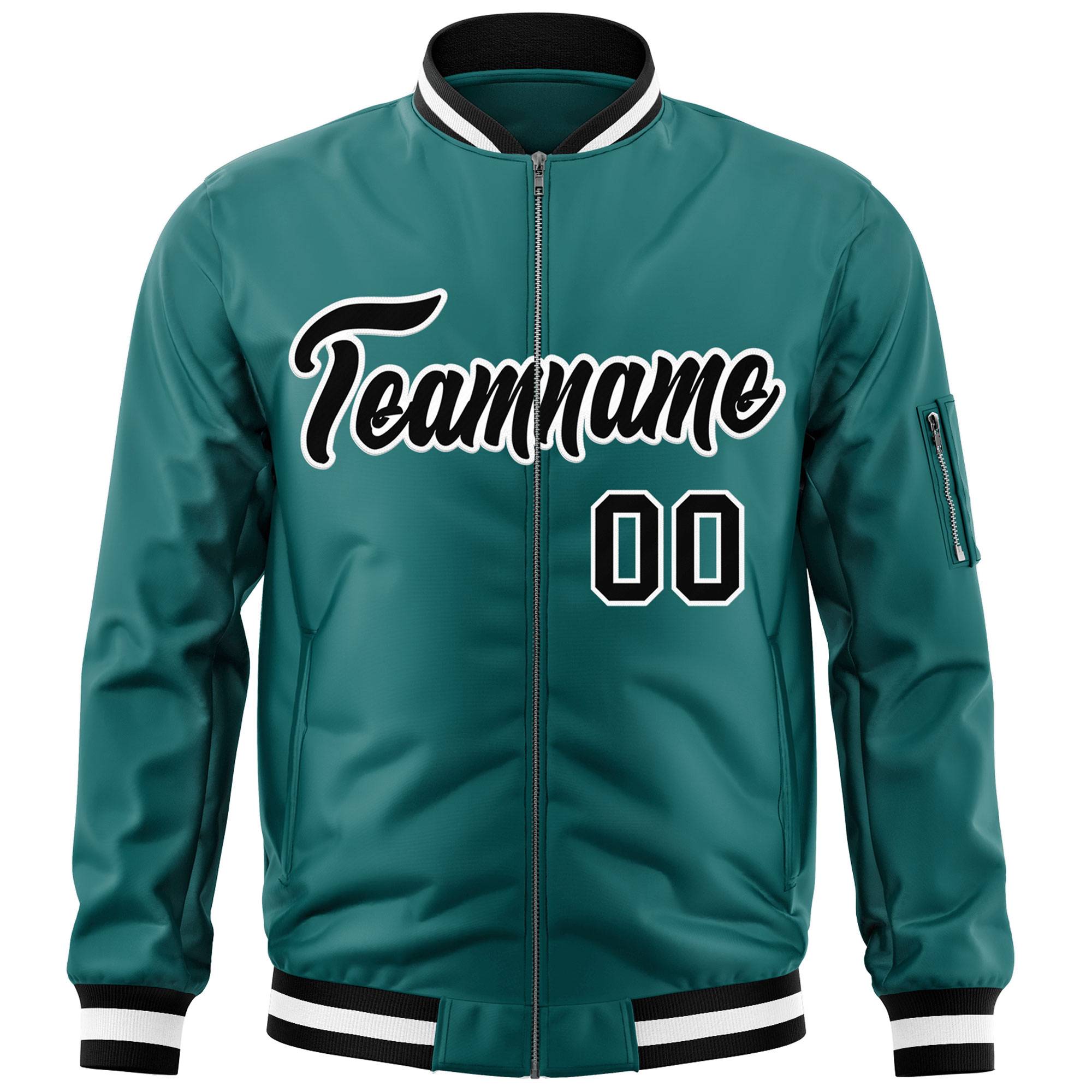 Custom Aqua Black-White Varsity Full-Zip Letterman Bomber Jacket