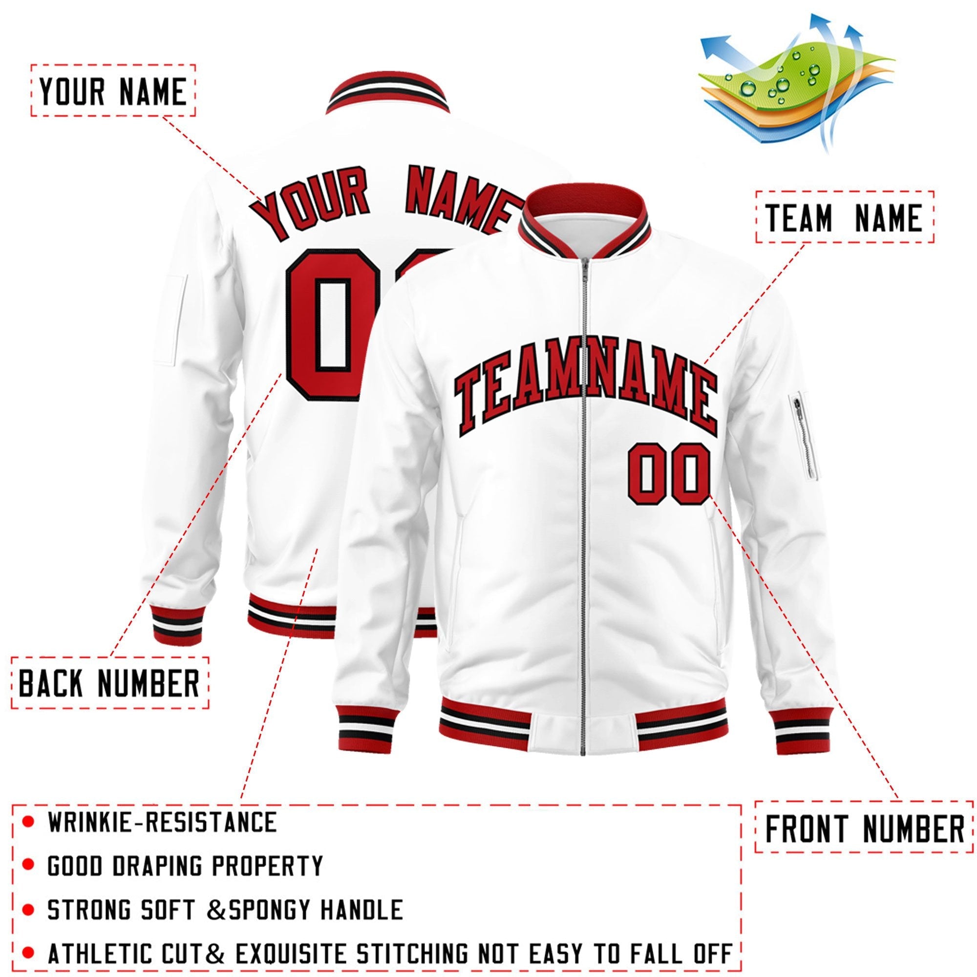 Custom White Red-Black Varsity Full-Zip Letterman Bomber Jacket