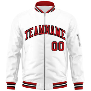 Custom White Red-Black Varsity Full-Zip Letterman Bomber Jacket