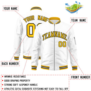 Custom White Yellow-Black Varsity Full-Zip Letterman Bomber Jacket