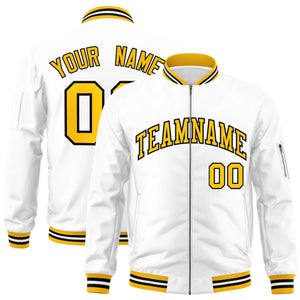 Custom White Yellow-Black Varsity Full-Zip Letterman Bomber Jacket