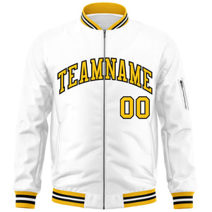 Custom White Yellow-Black Varsity Full-Zip Letterman Bomber Jacket