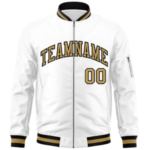 Custom White Old Gold-Black Varsity Full-Zip Letterman Bomber Jacket