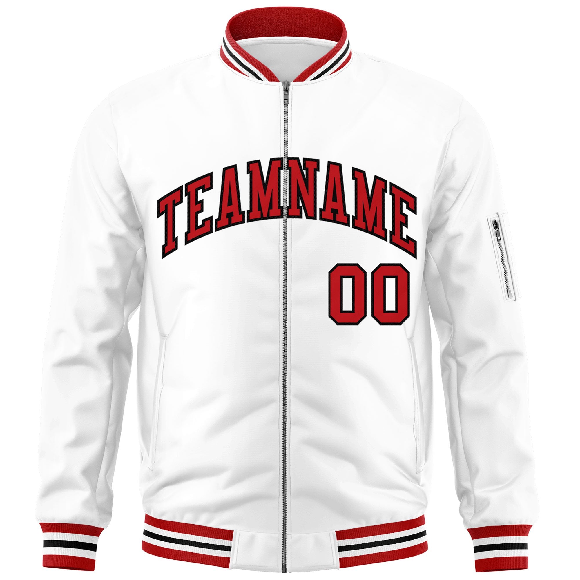 Custom White Red-Black Varsity Full-Zip Letterman Bomber Jacket