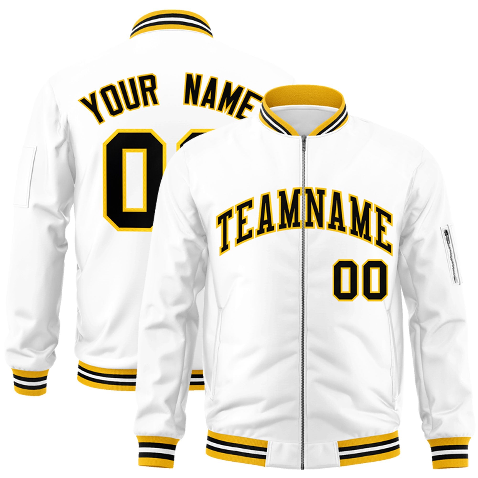 Custom White Black-Gold Varsity Full-Zip Letterman Bomber Jacket