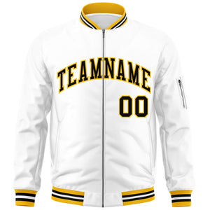 Custom White Black-Gold Varsity Full-Zip Letterman Bomber Jacket