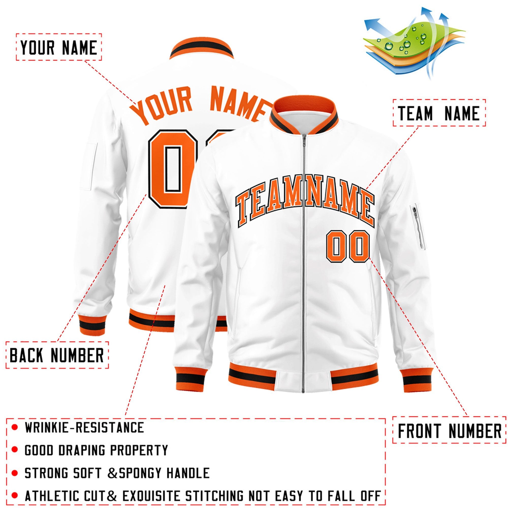 Custom White Orange-Black Varsity Full-Zip Letterman Bomber Jacket