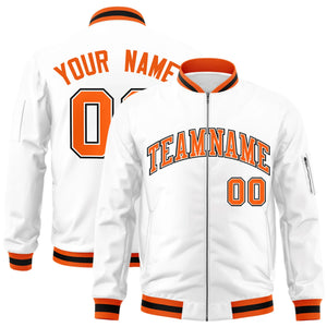 Custom White Orange-Black Varsity Full-Zip Letterman Bomber Jacket