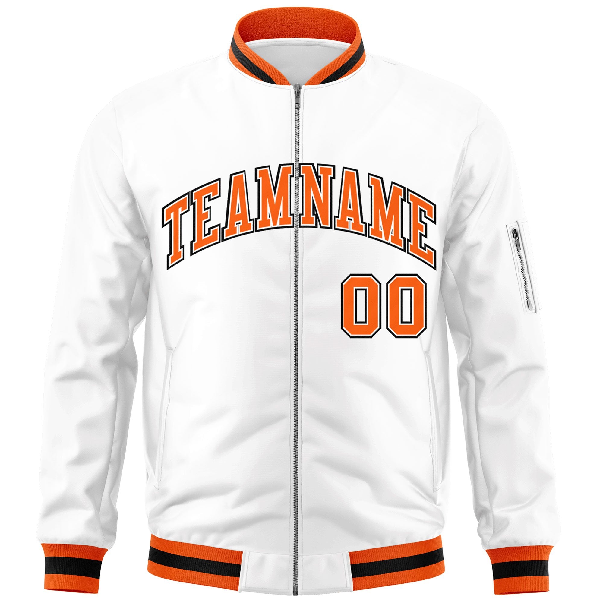 Custom White Orange-Black Varsity Full-Zip Letterman Bomber Jacket