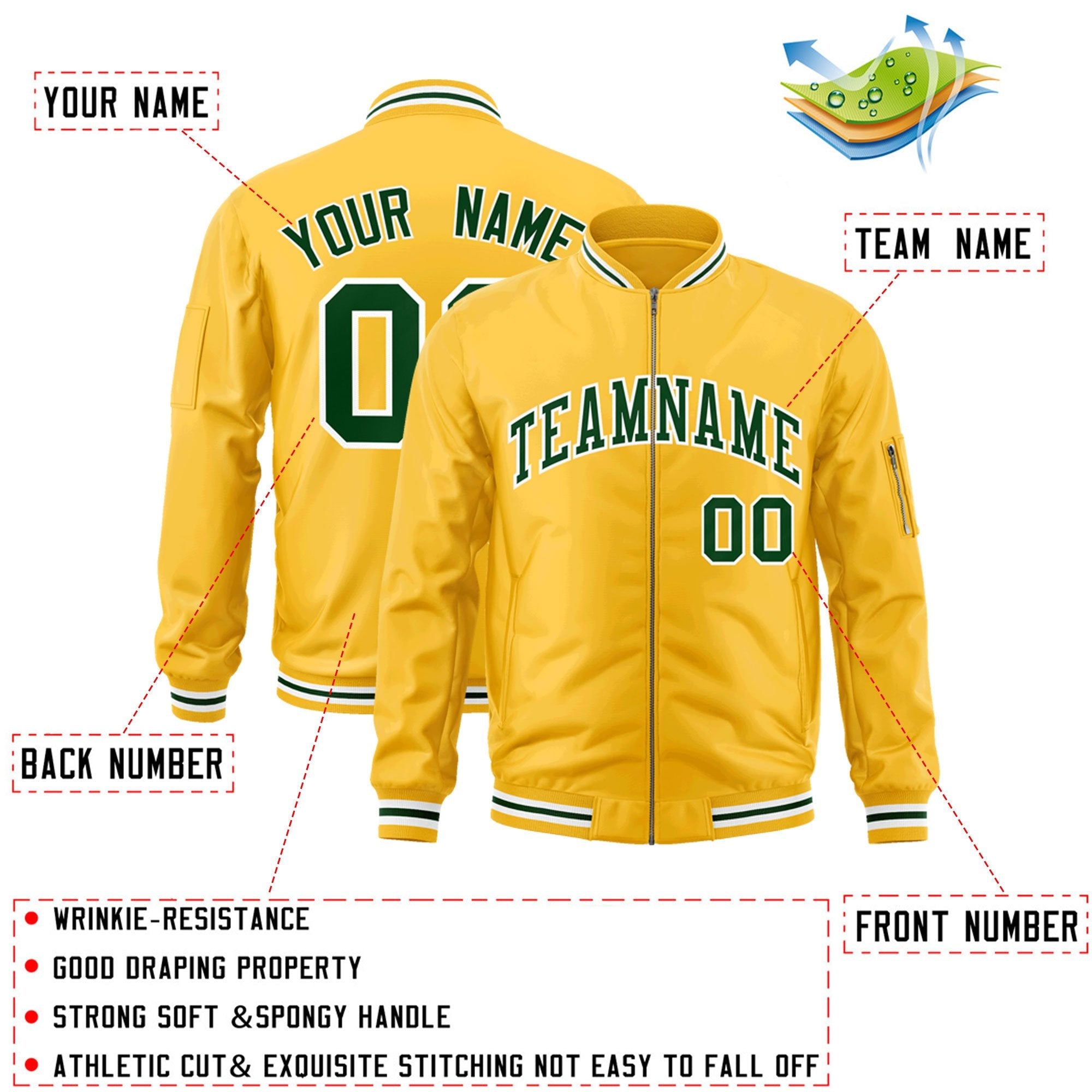 Custom Gold Green-White Varsity Full-Zip Letterman Bomber Jacket