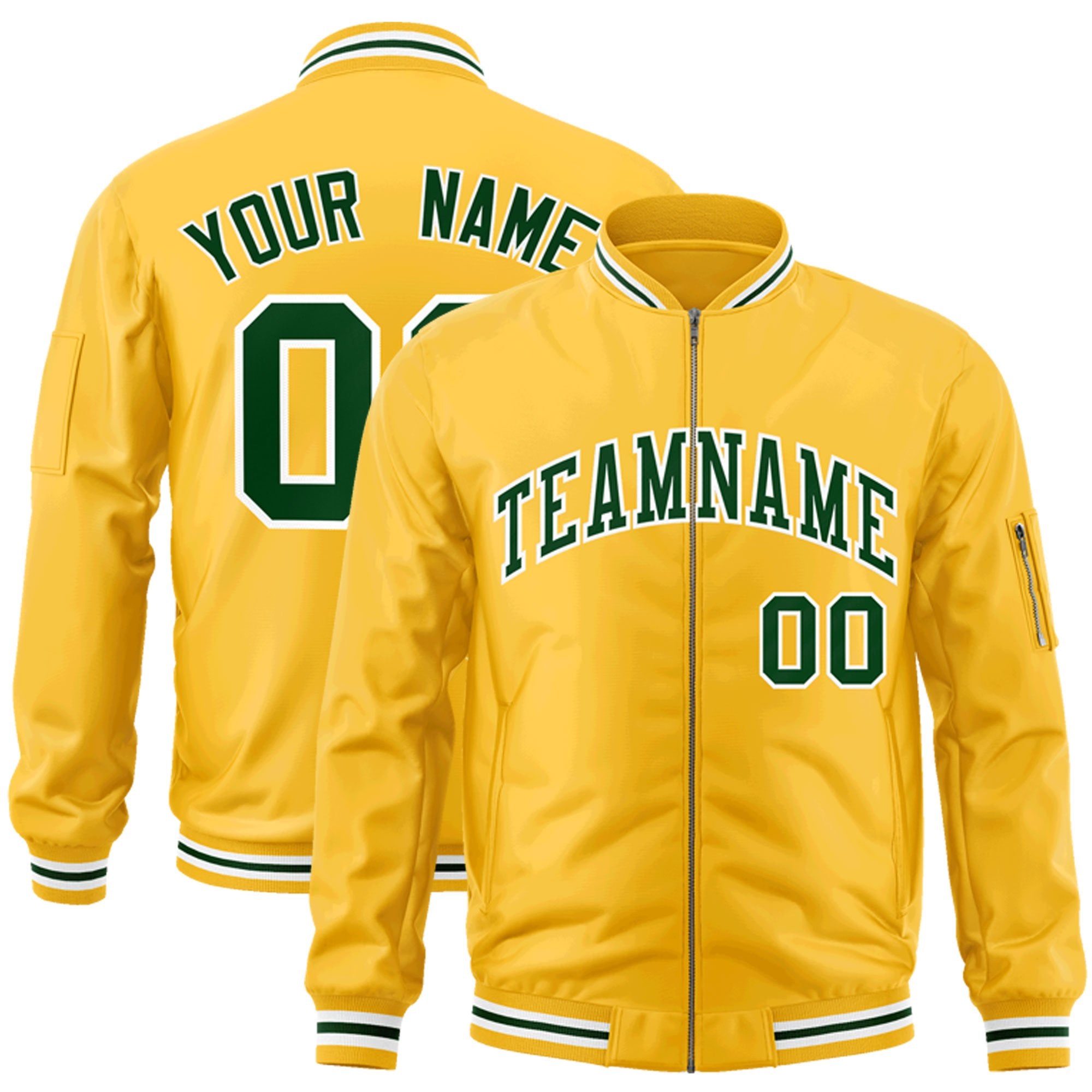 Custom Gold Green-White Varsity Full-Zip Letterman Bomber Jacket