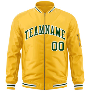 Custom Gold Green-White Varsity Full-Zip Letterman Bomber Jacket