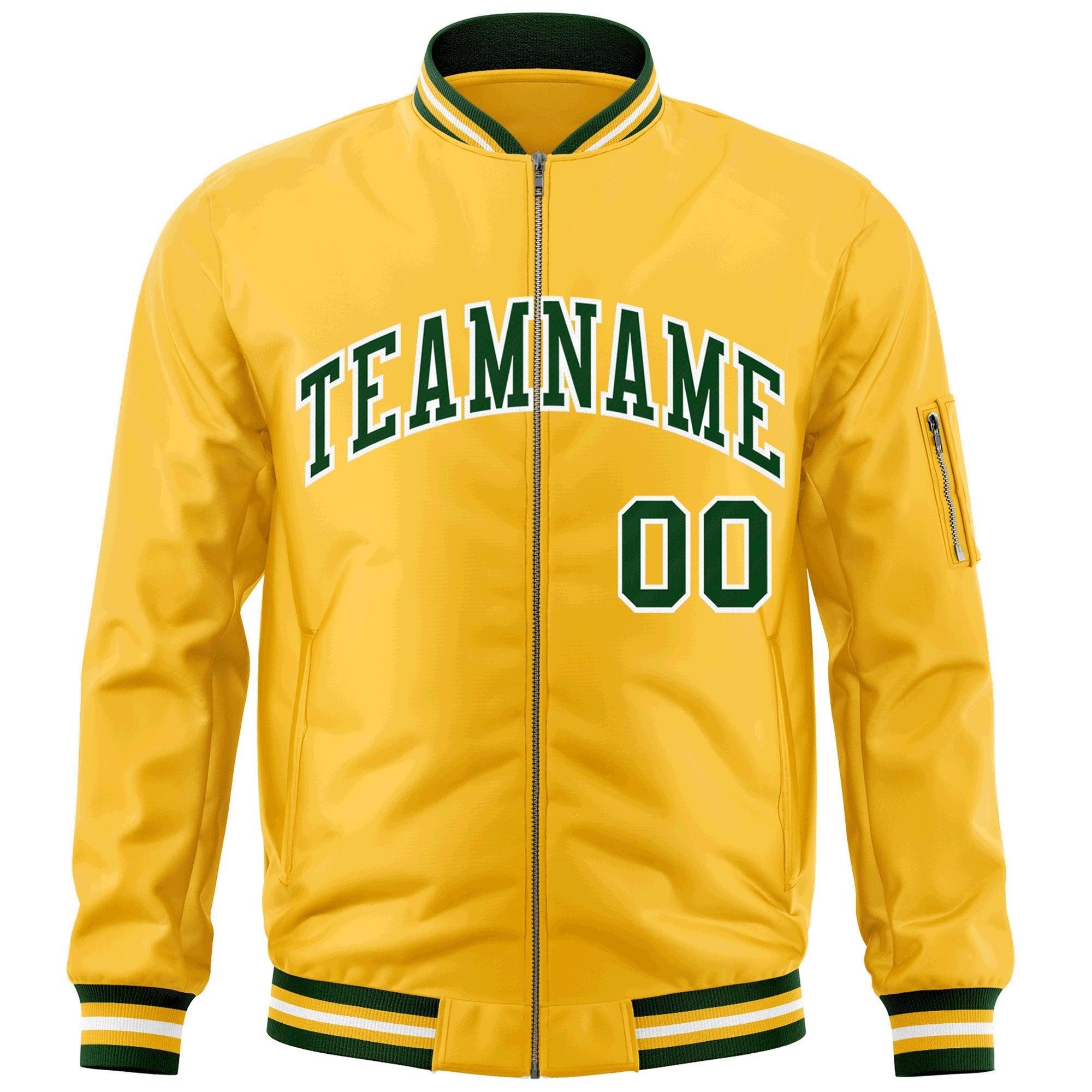 Custom Gold Green-White Varsity Full-Zip Letterman Bomber Jacket