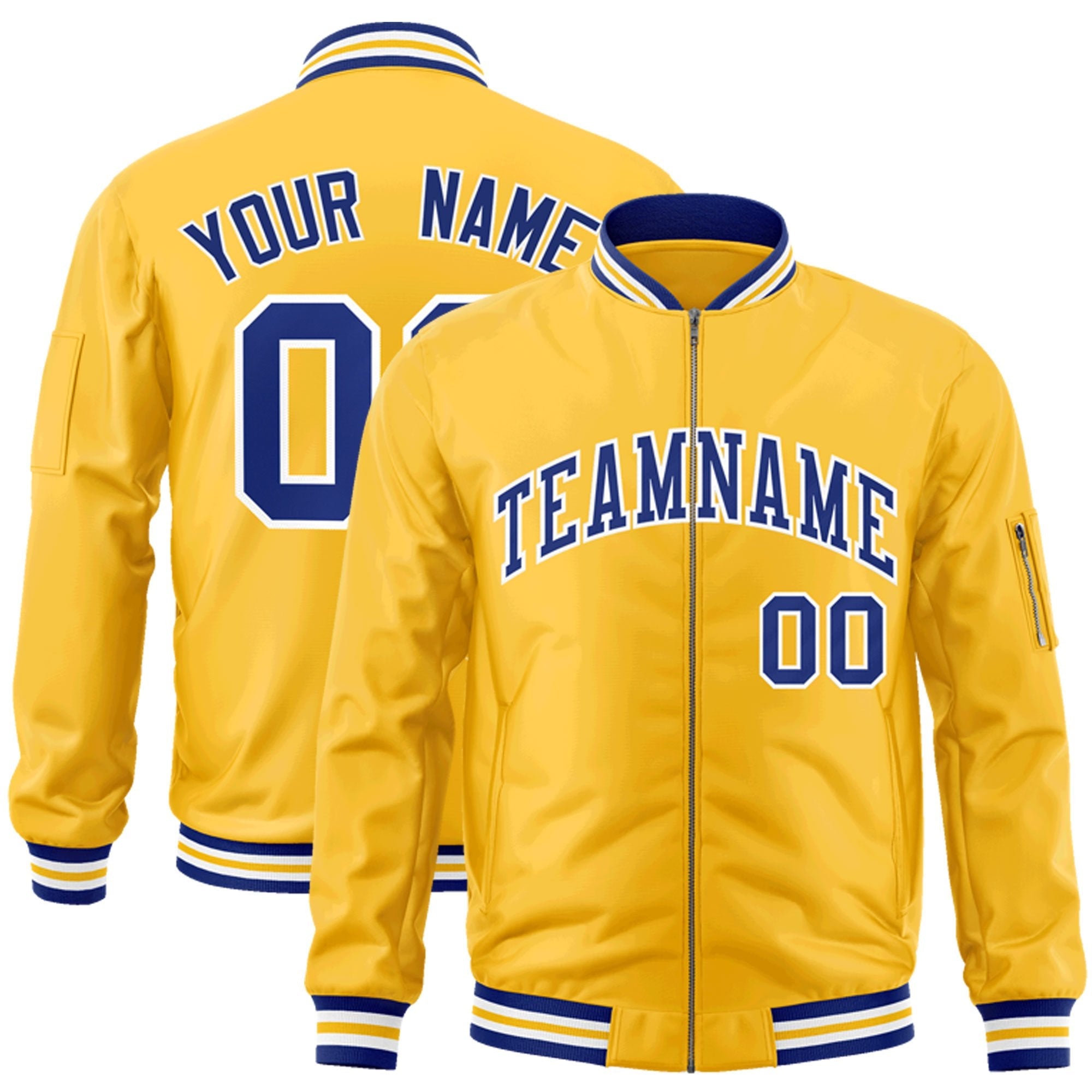 Custom Gold Royal-White Varsity Full-Zip Letterman Bomber Jacket