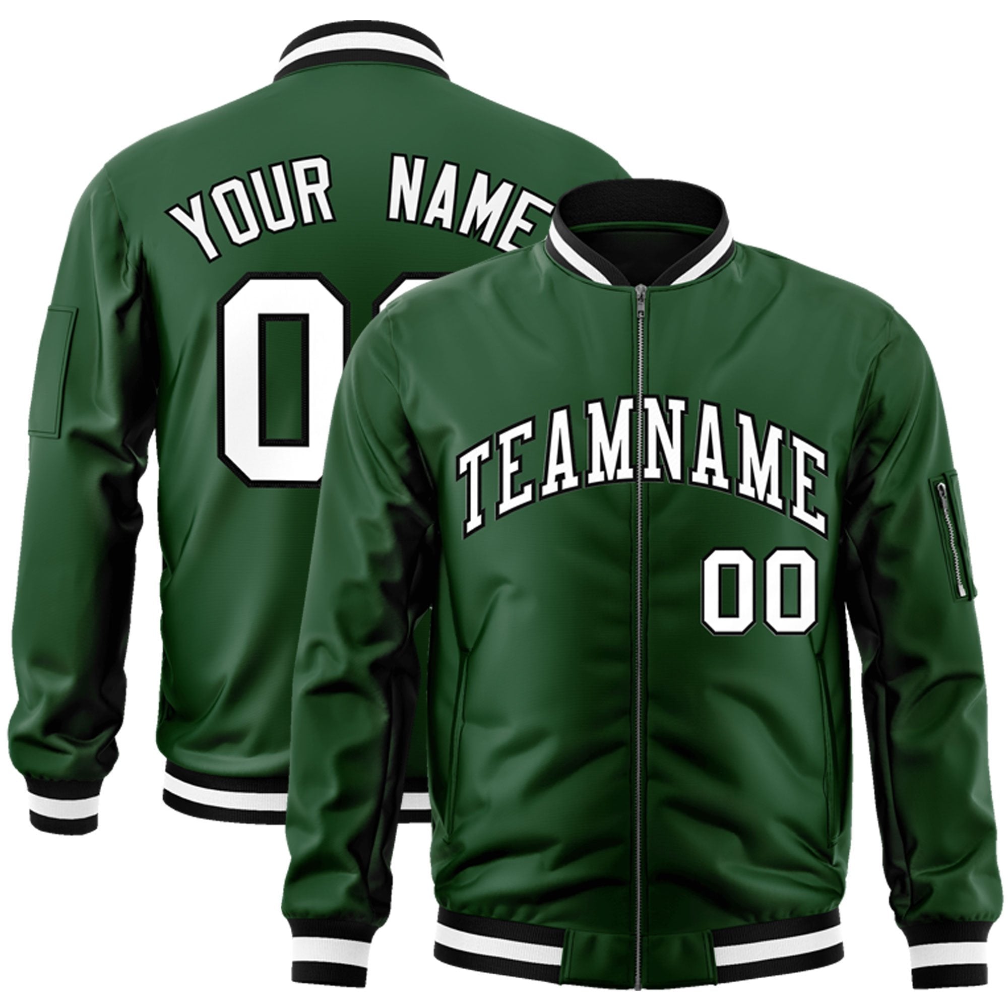 Custom Green White-Black Varsity Full-Zip Letterman Bomber Jacket