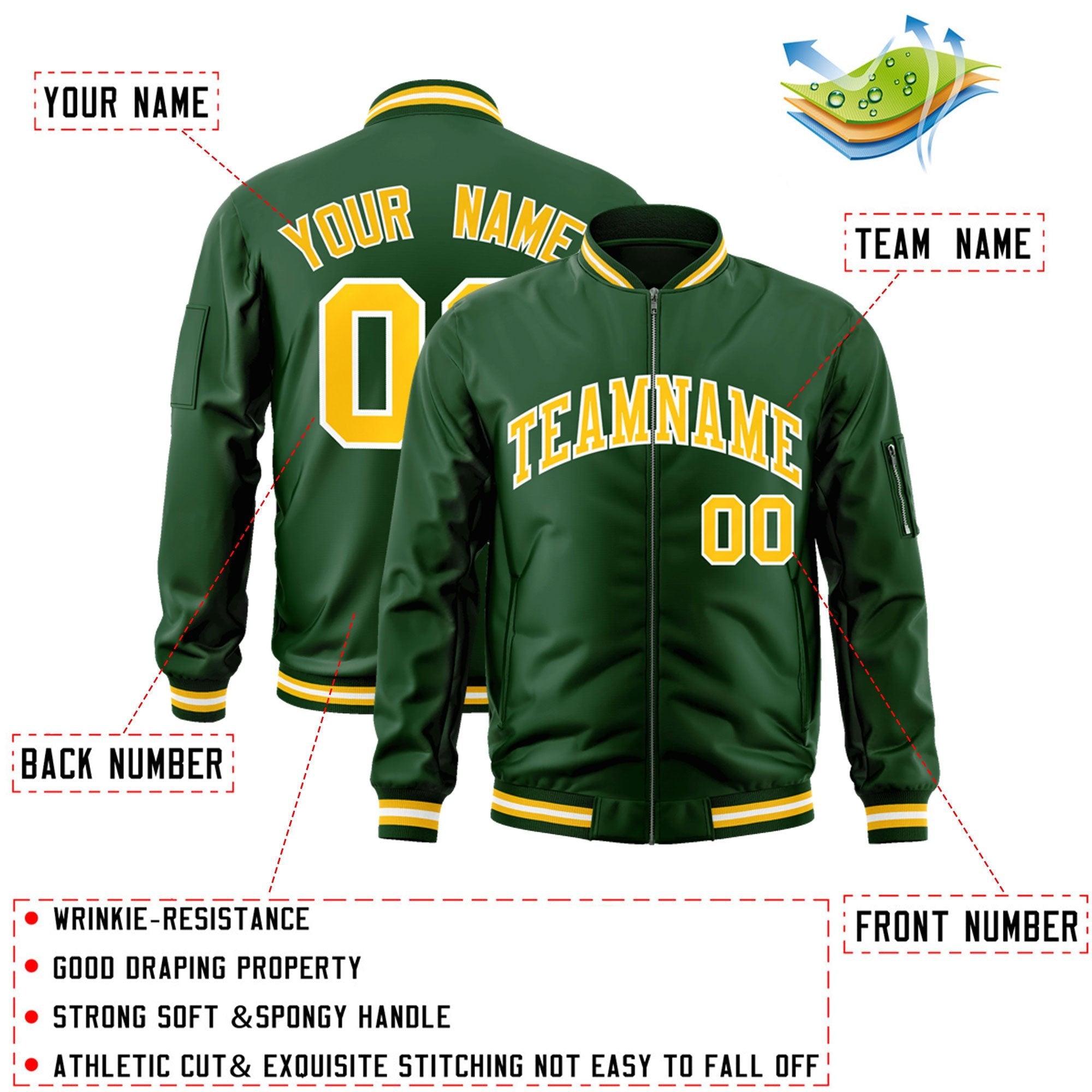 Custom Green Gold-White Varsity Full-Zip Letterman Bomber Jacket