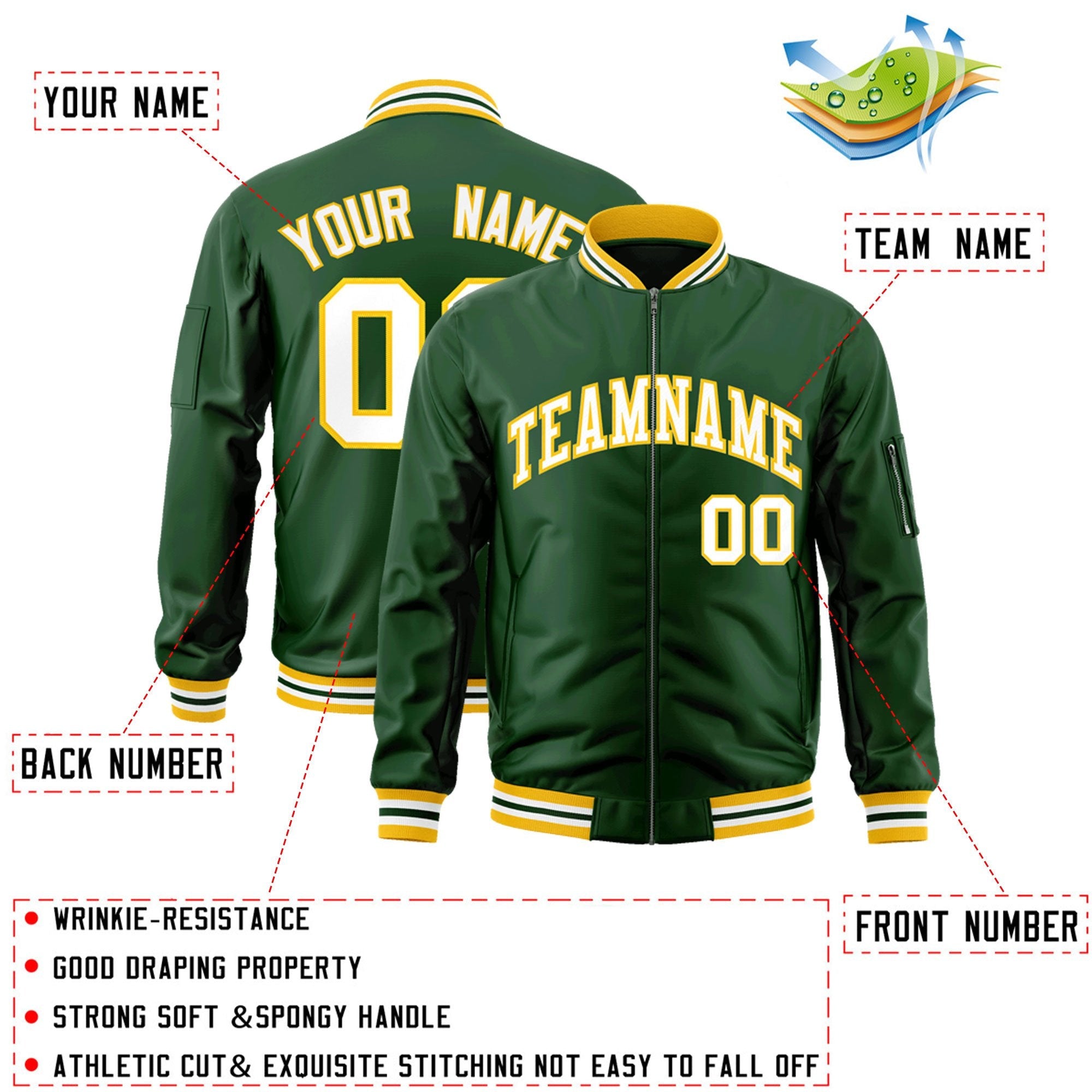 Custom Green White-Gold Varsity Full-Zip Letterman Bomber Jacket