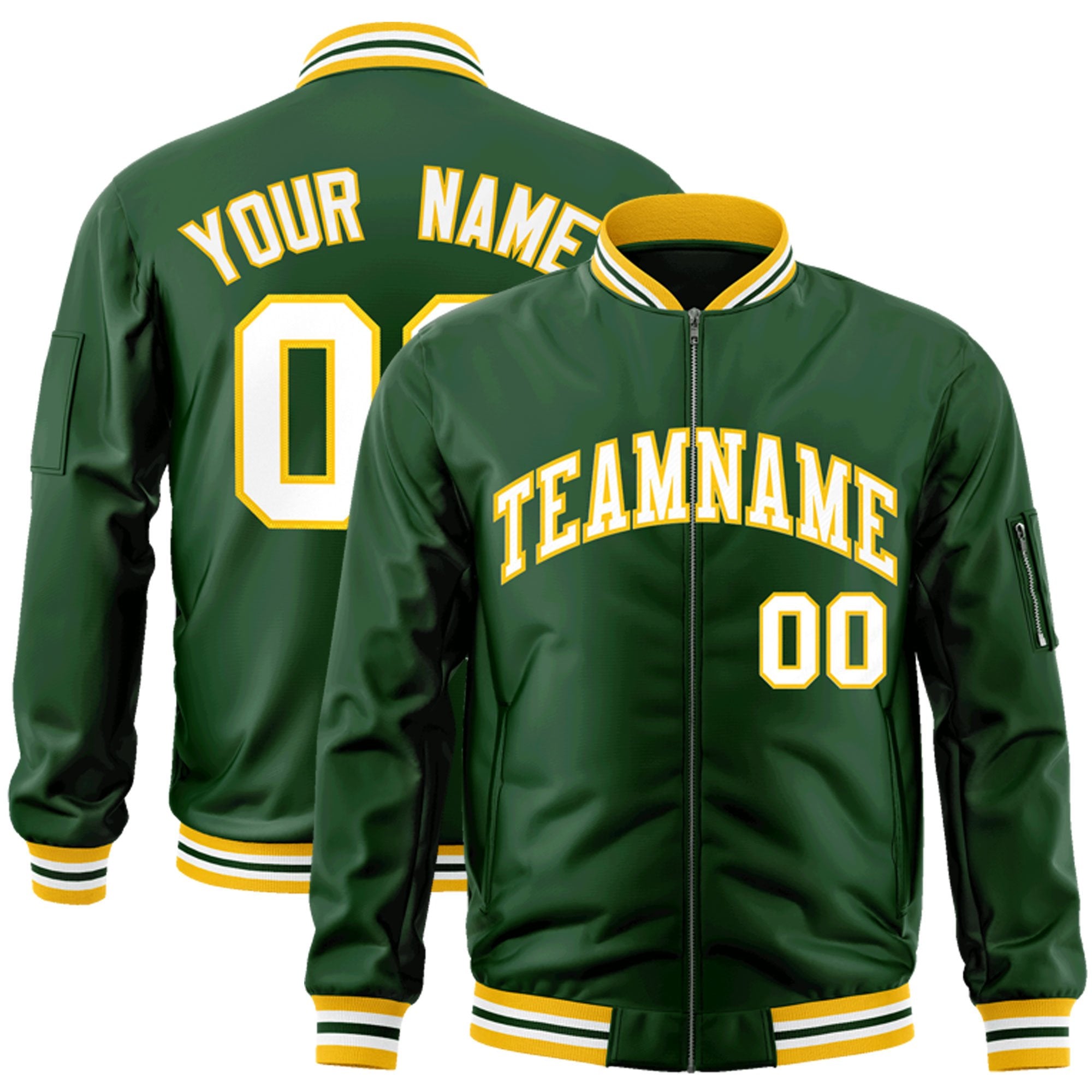 Custom Green White-Gold Varsity Full-Zip Letterman Bomber Jacket