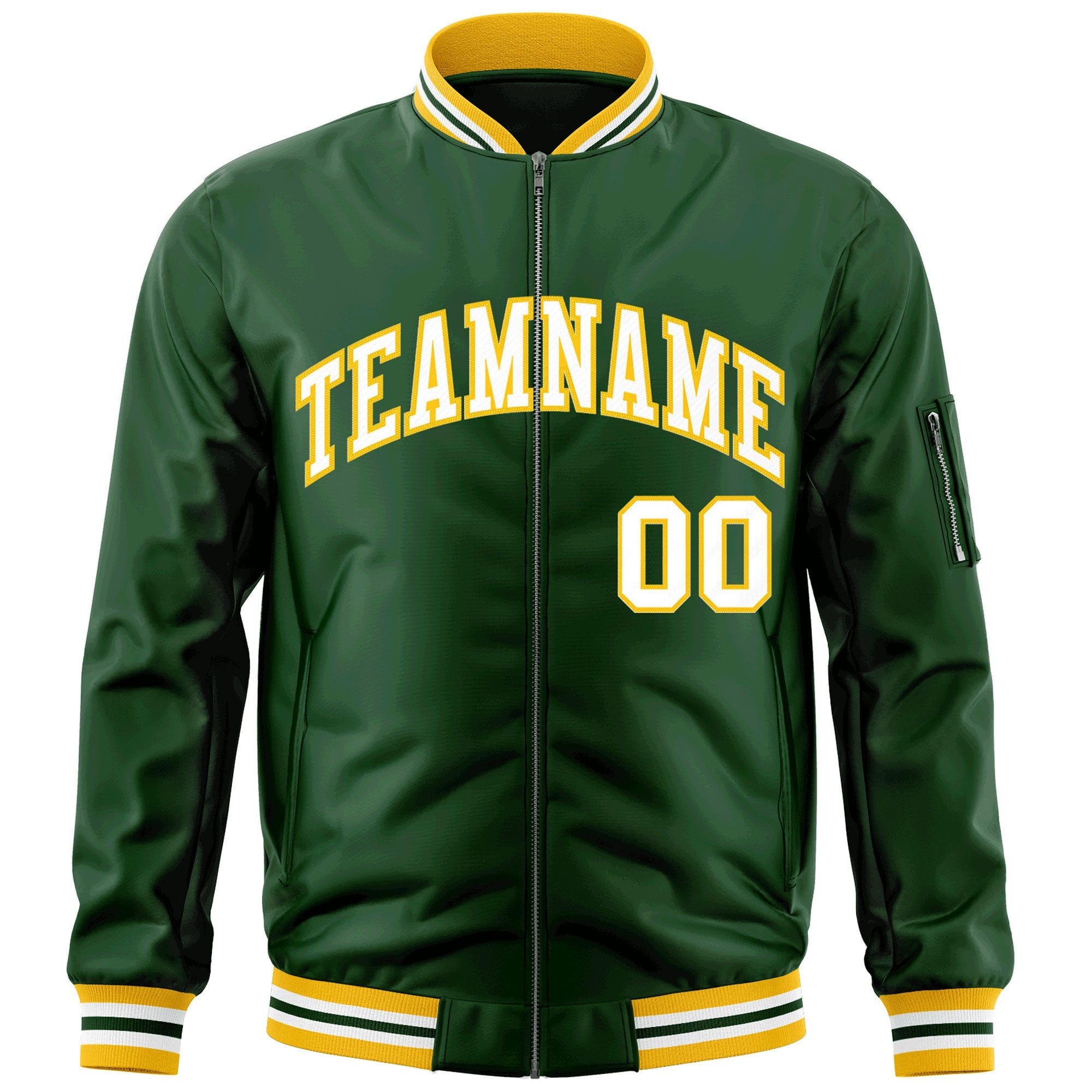 Custom Green White-Gold Varsity Full-Zip Letterman Bomber Jacket