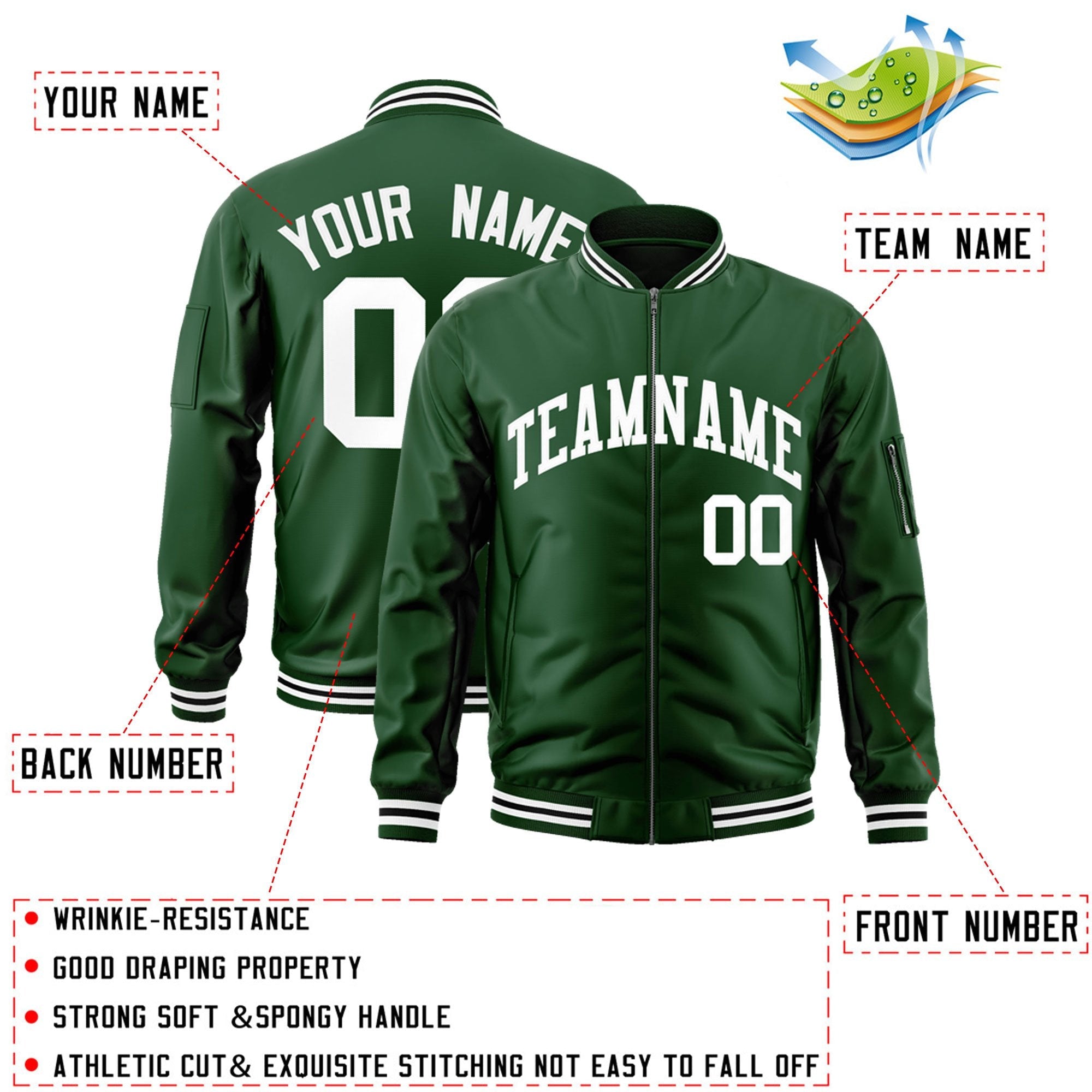 Custom Green White Varsity Full-Zip Letterman Bomber Jacket