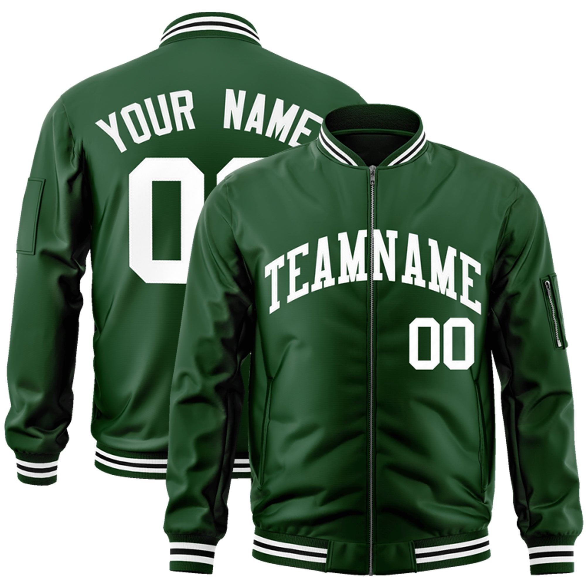 Custom Green White Varsity Full-Zip Letterman Bomber Jacket