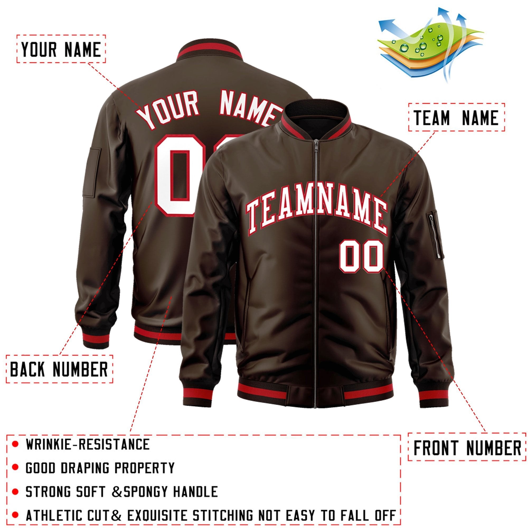 Custom Brown White-Red Varsity Full-Zip Letterman Bomber Jacket