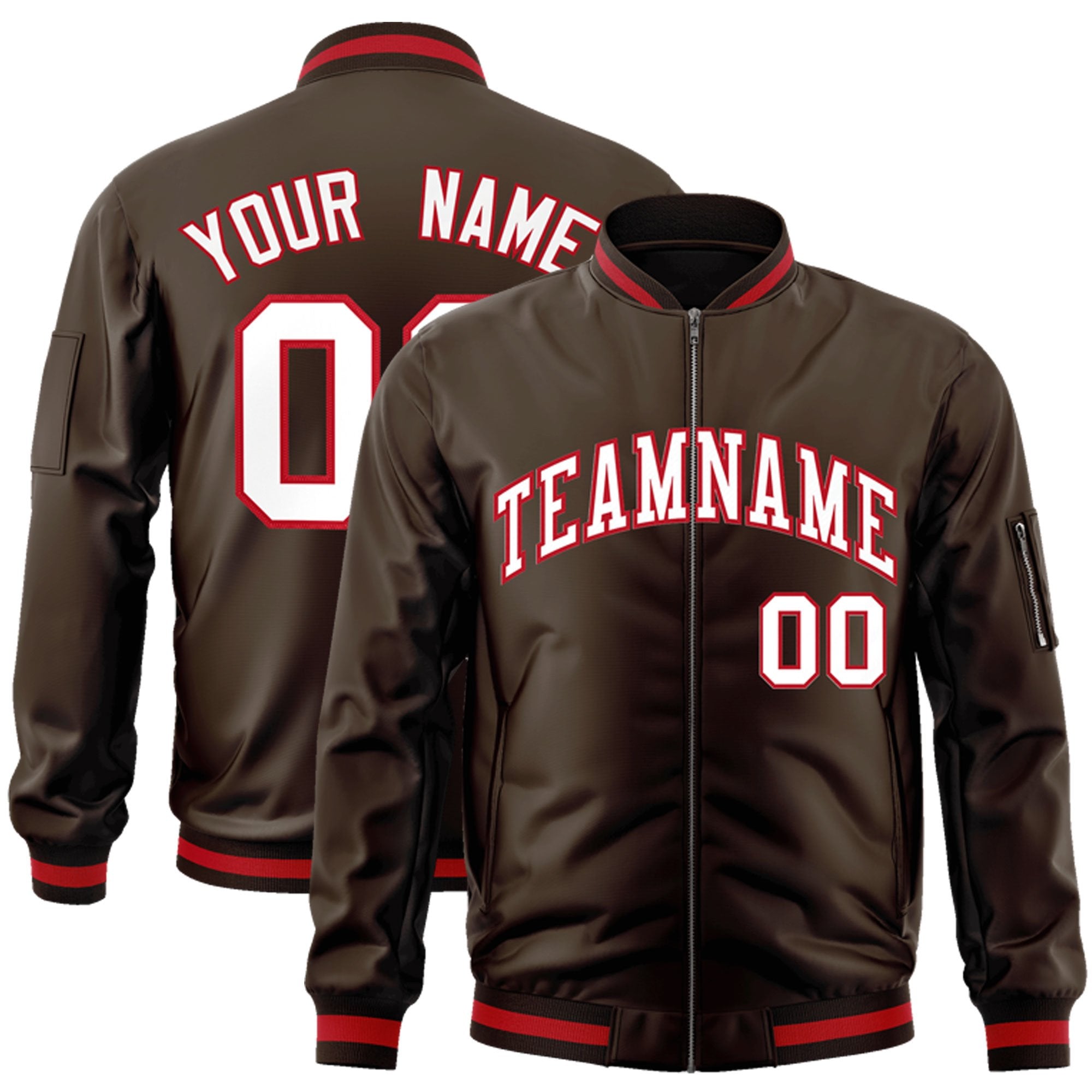 Custom Brown White-Red Varsity Full-Zip Letterman Bomber Jacket