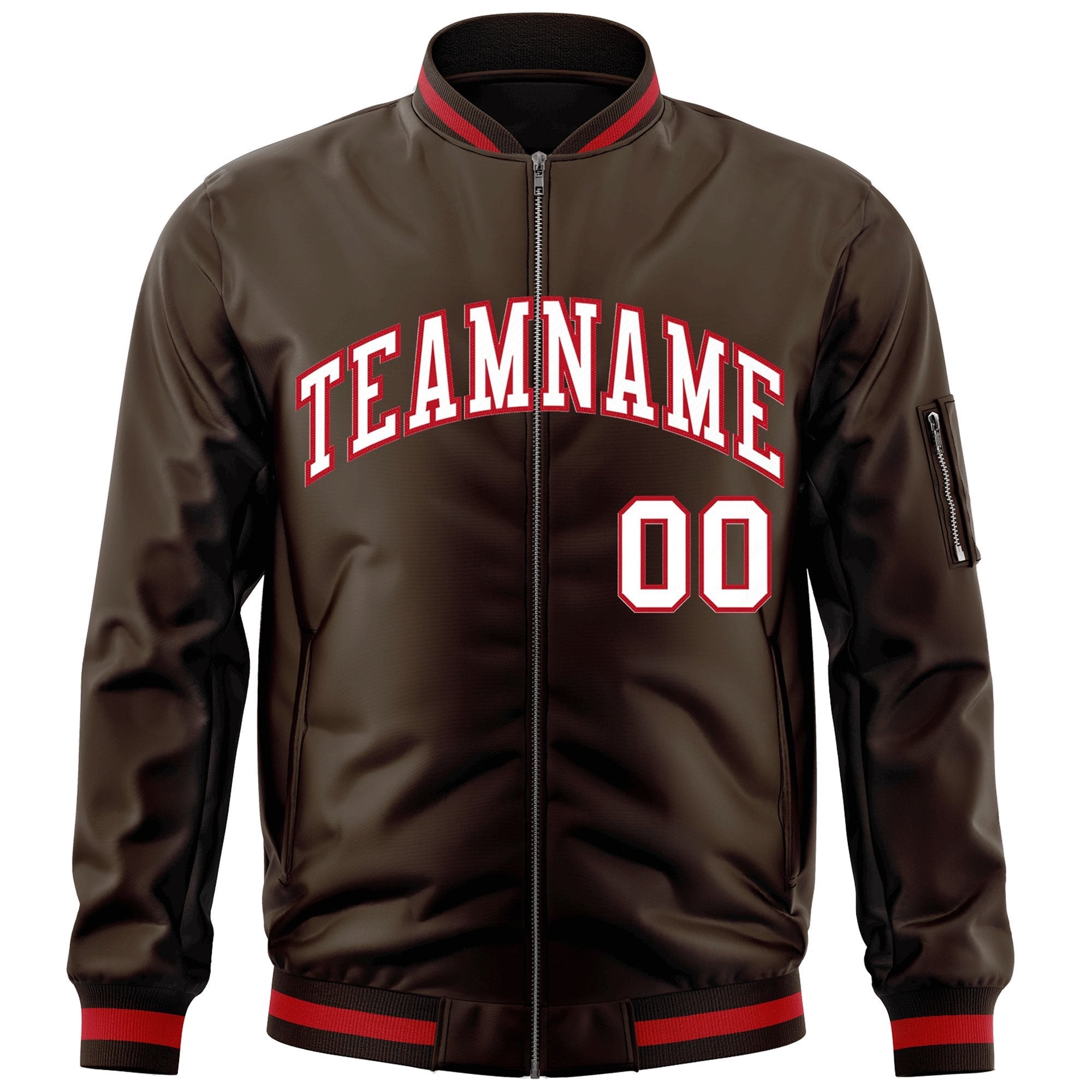 Custom Brown White-Red Varsity Full-Zip Letterman Bomber Jacket