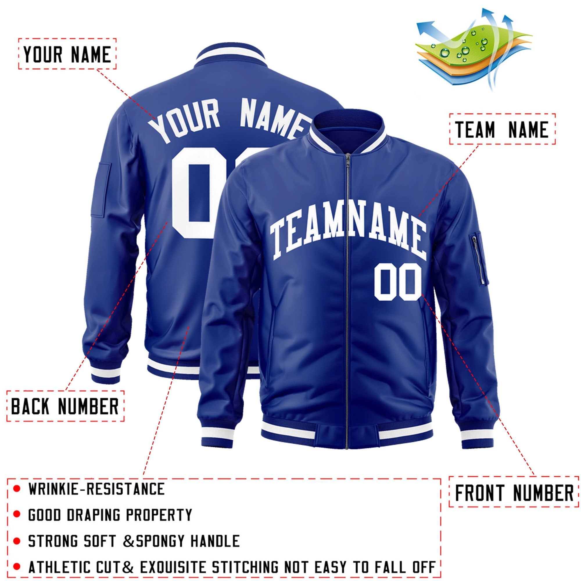 Custom Royal White Varsity Full-Zip Letterman Bomber Jacket