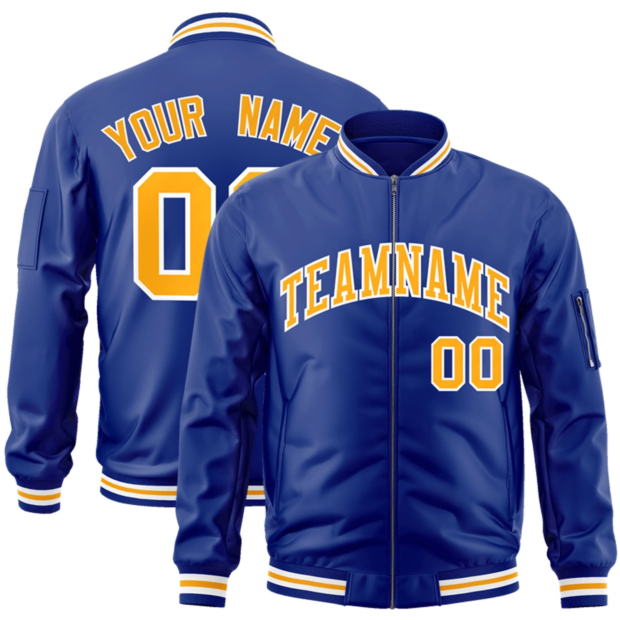 Custom Royal Gold-White Varsity Full-Zip Letterman Bomber Jacket