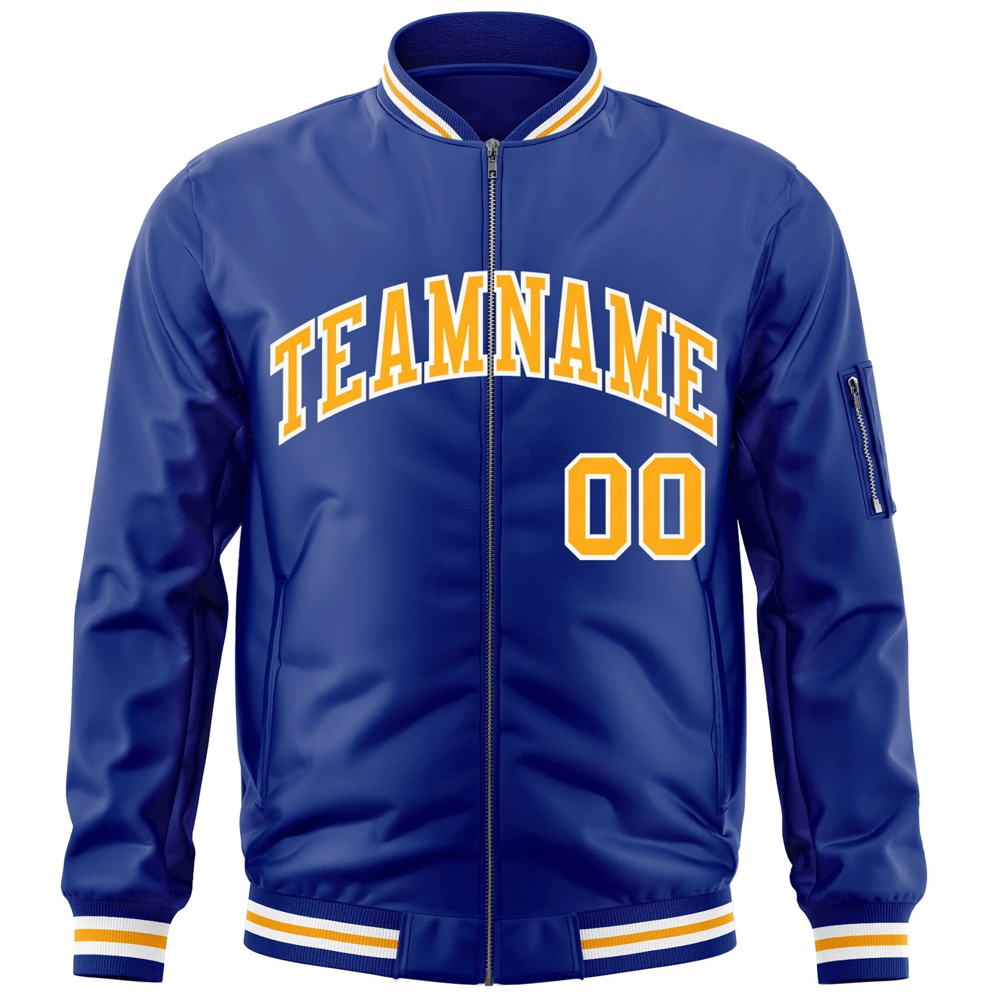 Custom Royal Gold-White Varsity Full-Zip Letterman Bomber Jacket