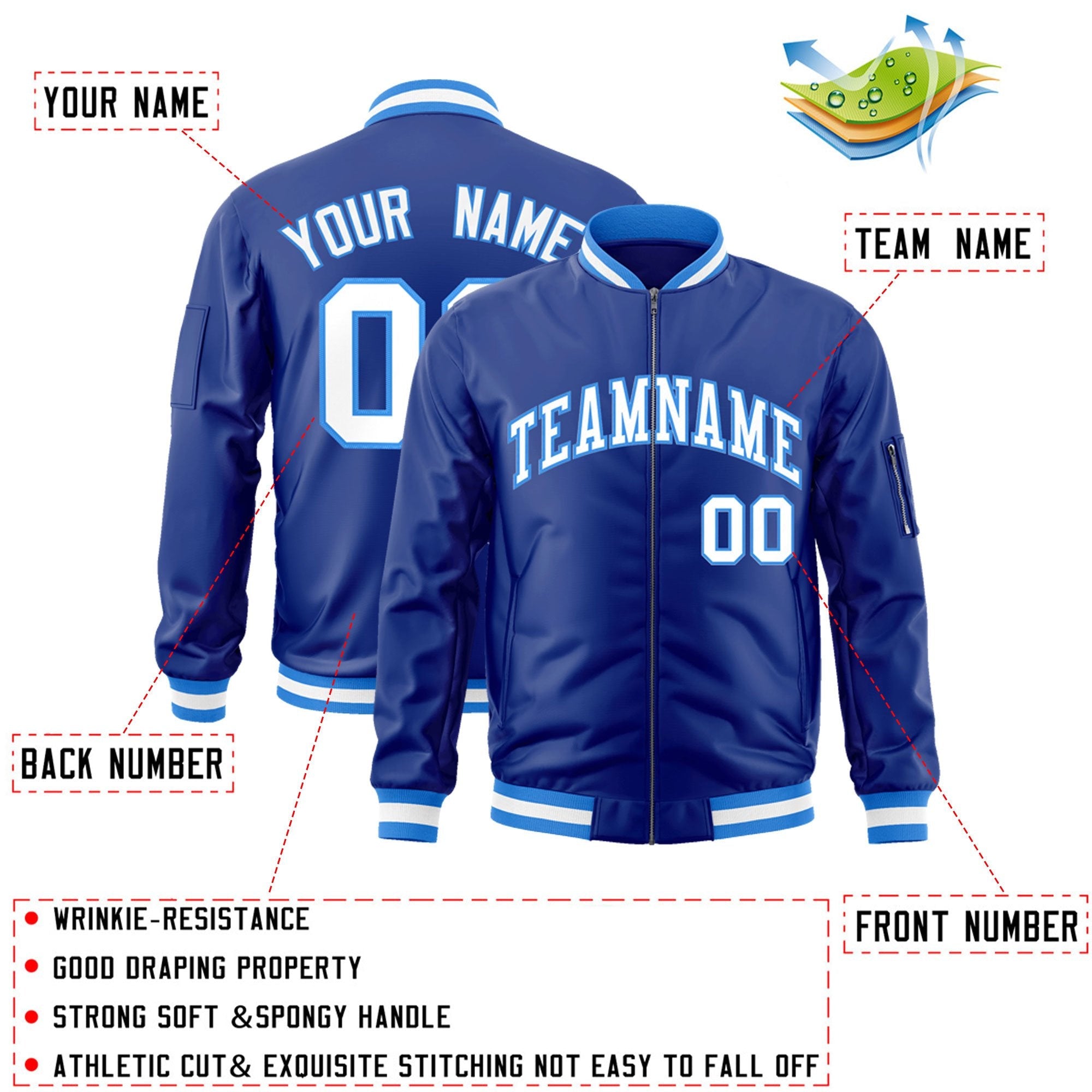 Custom Royal White-Powder Blue Varsity Full-Zip Letterman Bomber Jacket