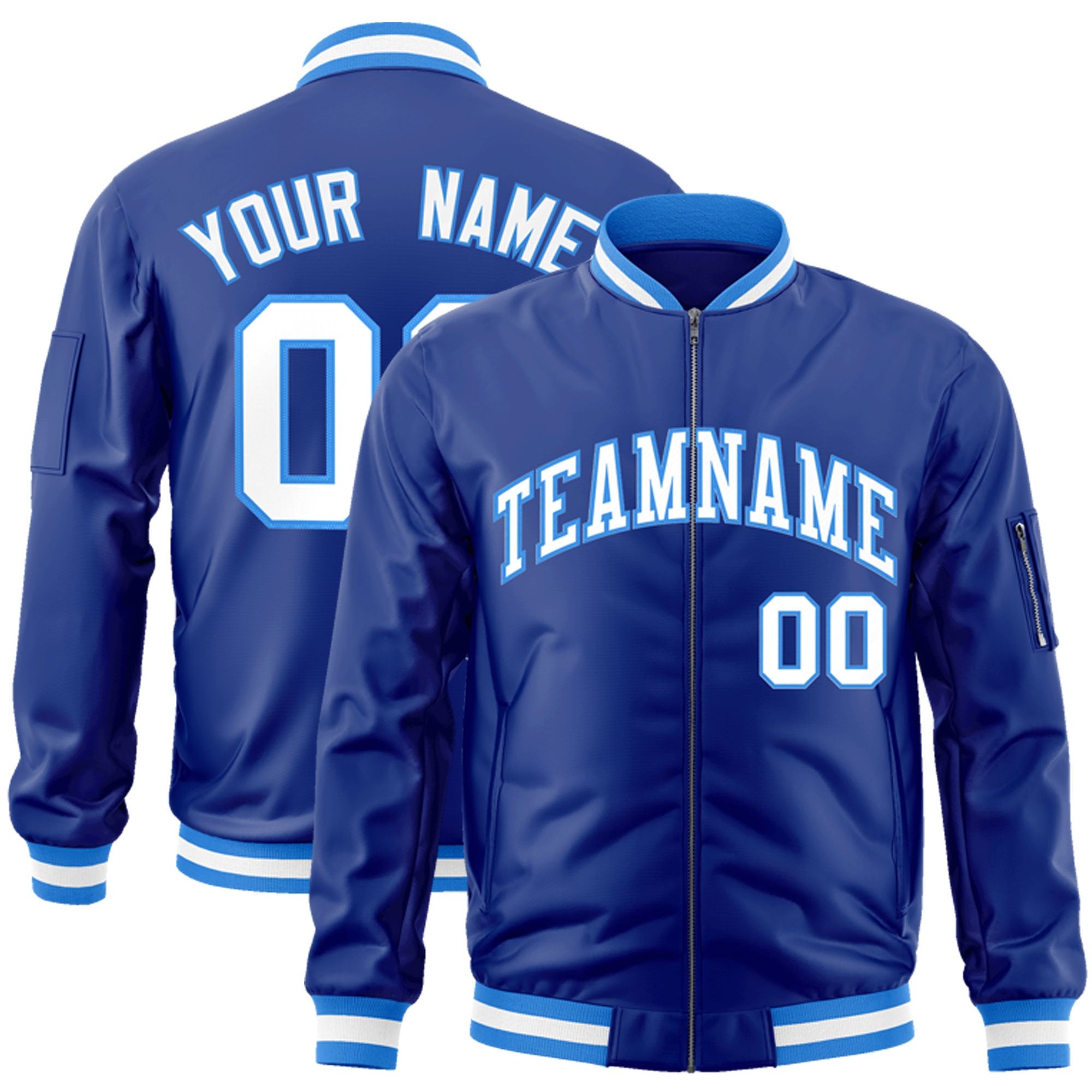 Custom Royal White-Powder Blue Varsity Full-Zip Letterman Bomber Jacket