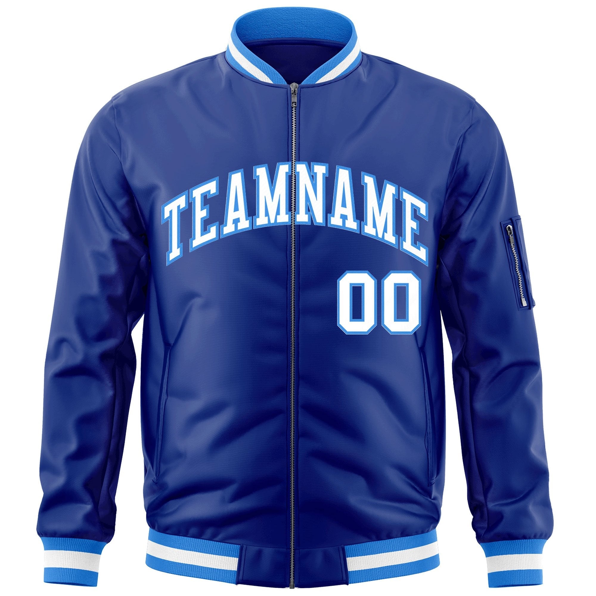 Custom Royal White-Powder Blue Varsity Full-Zip Letterman Bomber Jacket