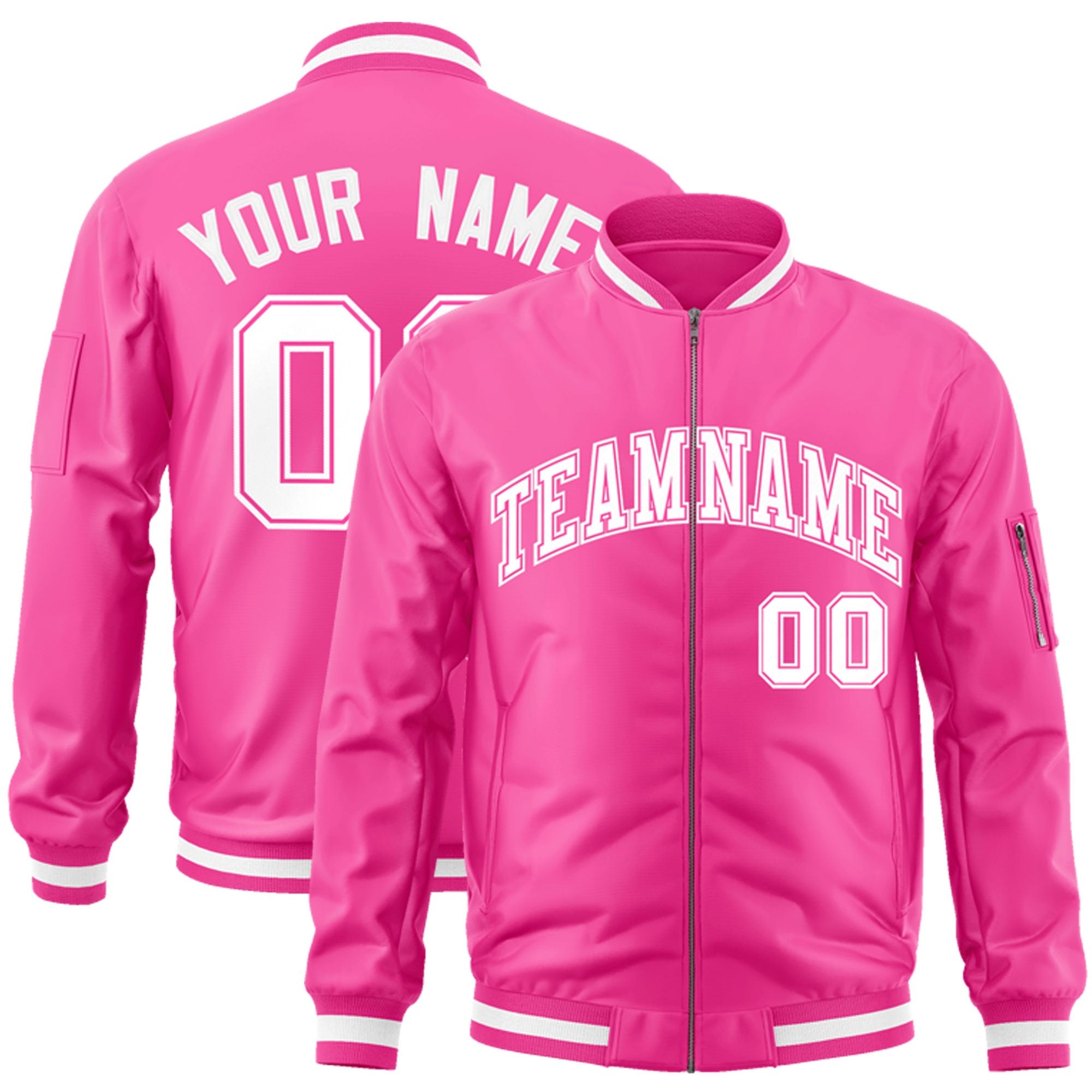 Custom Pink White Varsity Full-Zip Letterman Bomber Jacket